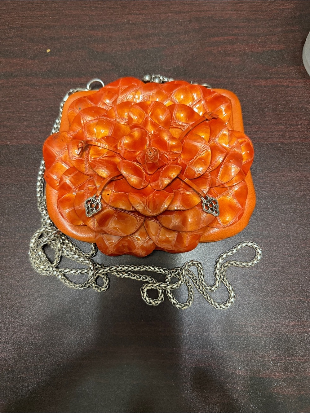 Brighton Orange Floral Applique Crossbody Clutch with Chain